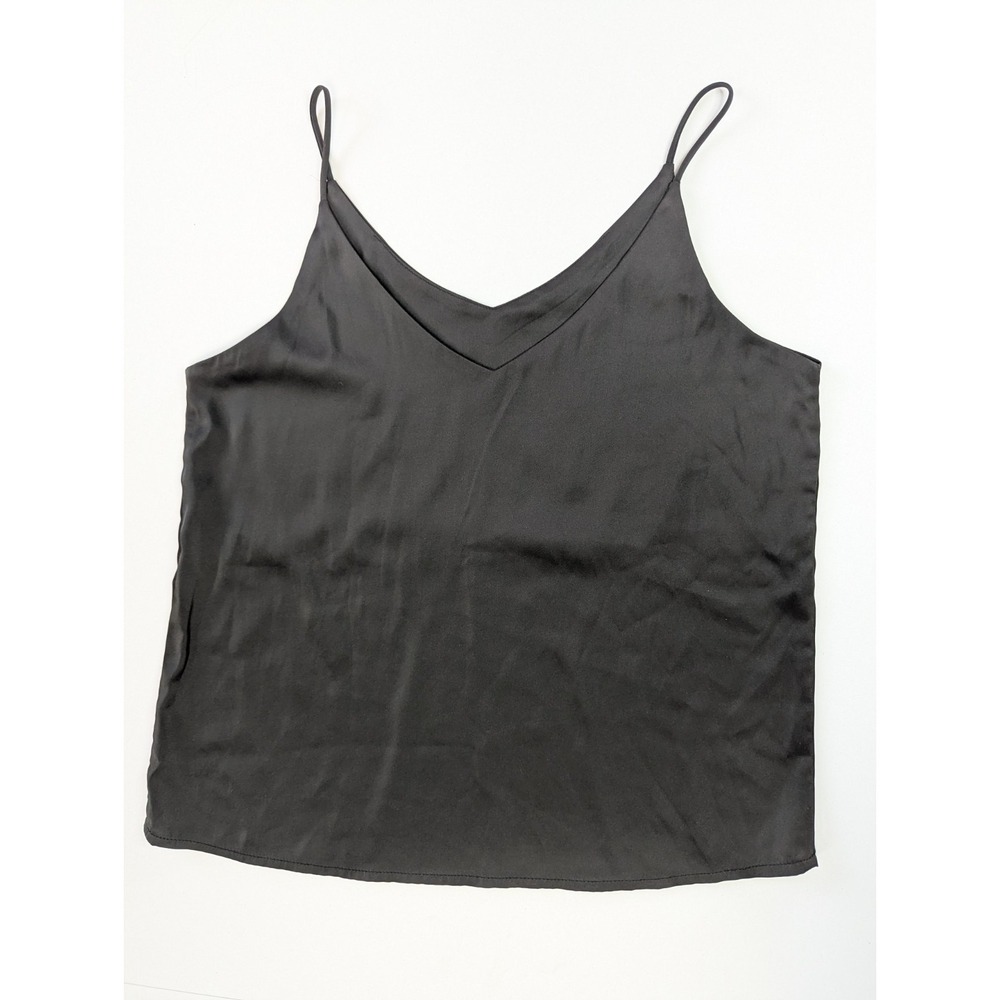 Womens Black Satin Look Cami Top Spaghetti Strap V Neck Slip Style See Measureme